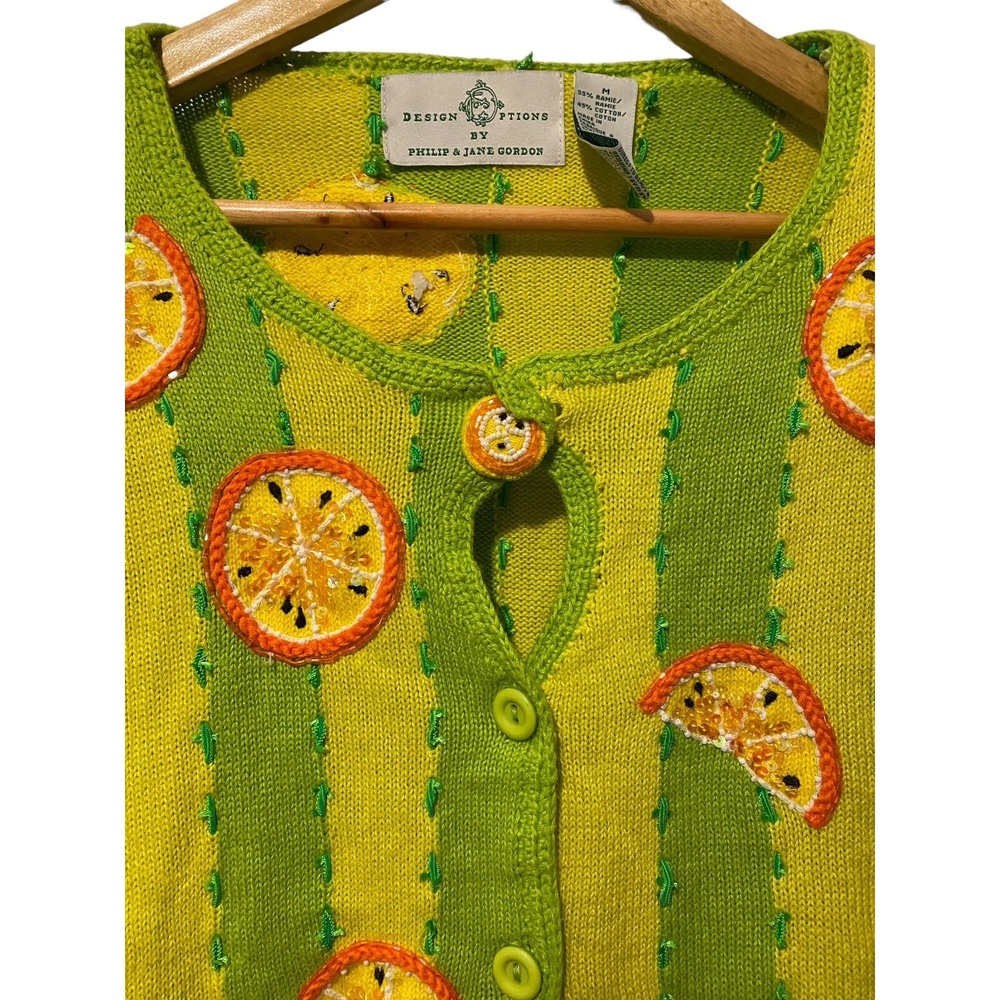 Design Phillip Jane Citrus Orange LEMONS Sequin Sweater M Vintage beaded top - Picture 4 of 12